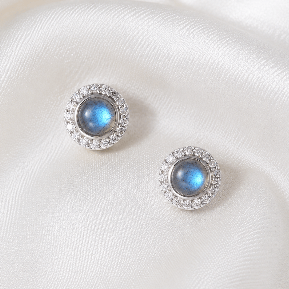 Rhodium Plated Labradorite and CZ Halo Stud Earrings