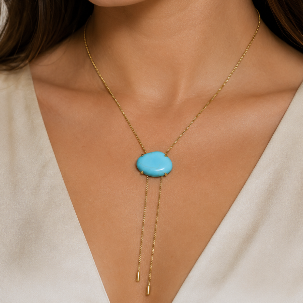 20" + 2" 18 Karat Gold PVD Stainless Steel Imitation Turquoise Bolo Necklace