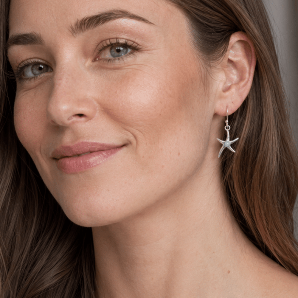 Rhodium Plated 3mm Larimar Starfish Earrings