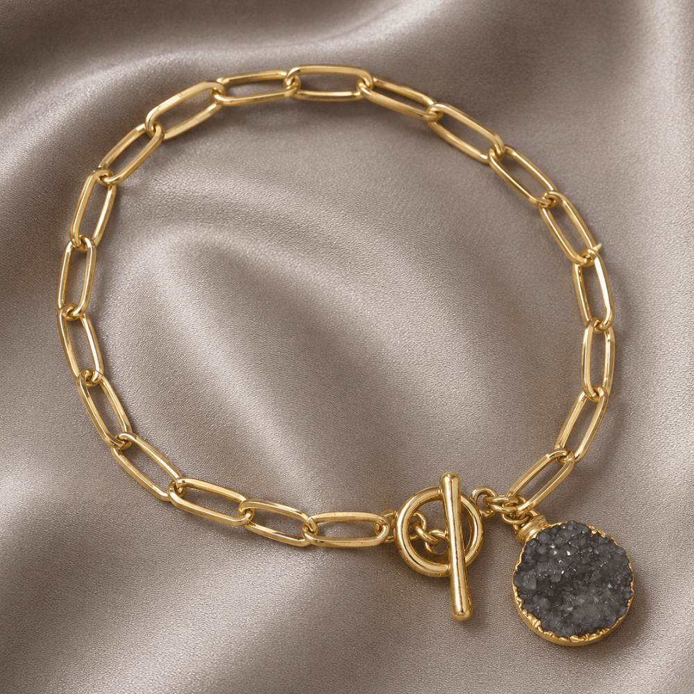 8" Gold Tone Grey Druzy Paperclip Style Fashion Toggle Bracelet