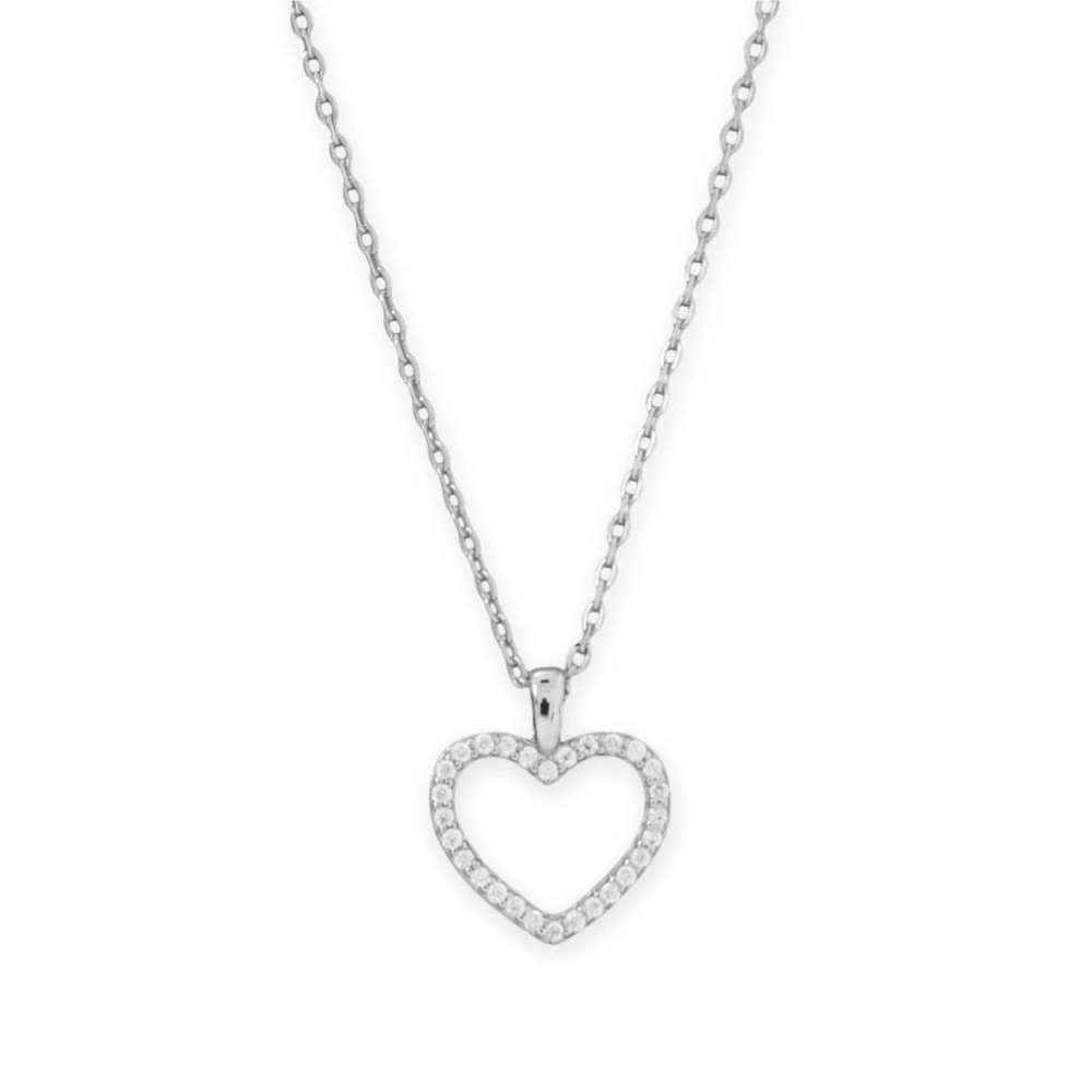 16" + 2" Rhodium Plated CZ Heart Necklace