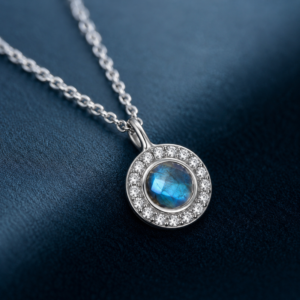 16" + 2" Rhodium Plated Labradorite and CZ Halo Necklace