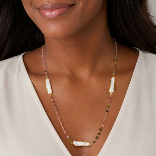 24" 14 Karat Gold Plated Tourmaline and Cultured Freshwater Pearl Necklace