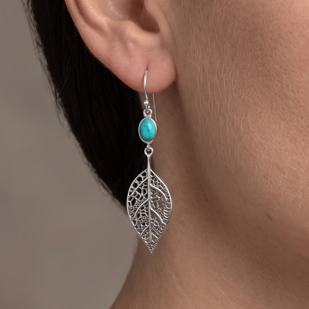 Oxidized Turquoise and Leaf French Wire Earrings