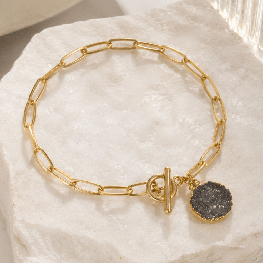 8" Gold Tone Grey Druzy Paperclip Style Fashion Toggle Bracelet