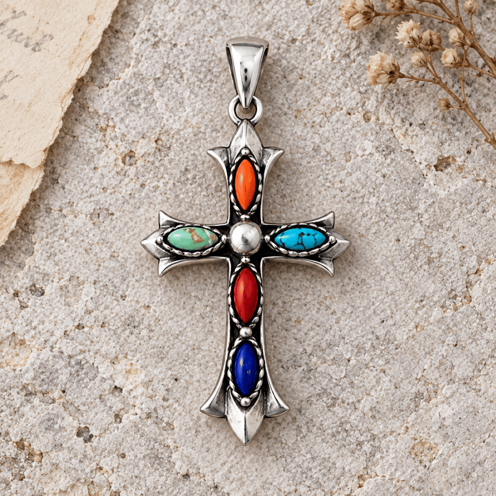 Oxidized Multicolor Stone Cross Pendant