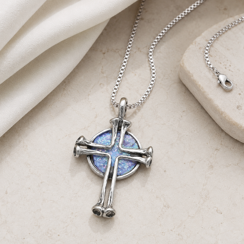 18" Round Ancient Roman Glass with Cross Necklace