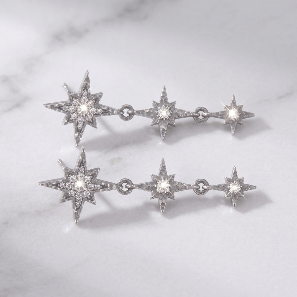 Rhodium Plated CZ Star Drop Earrings