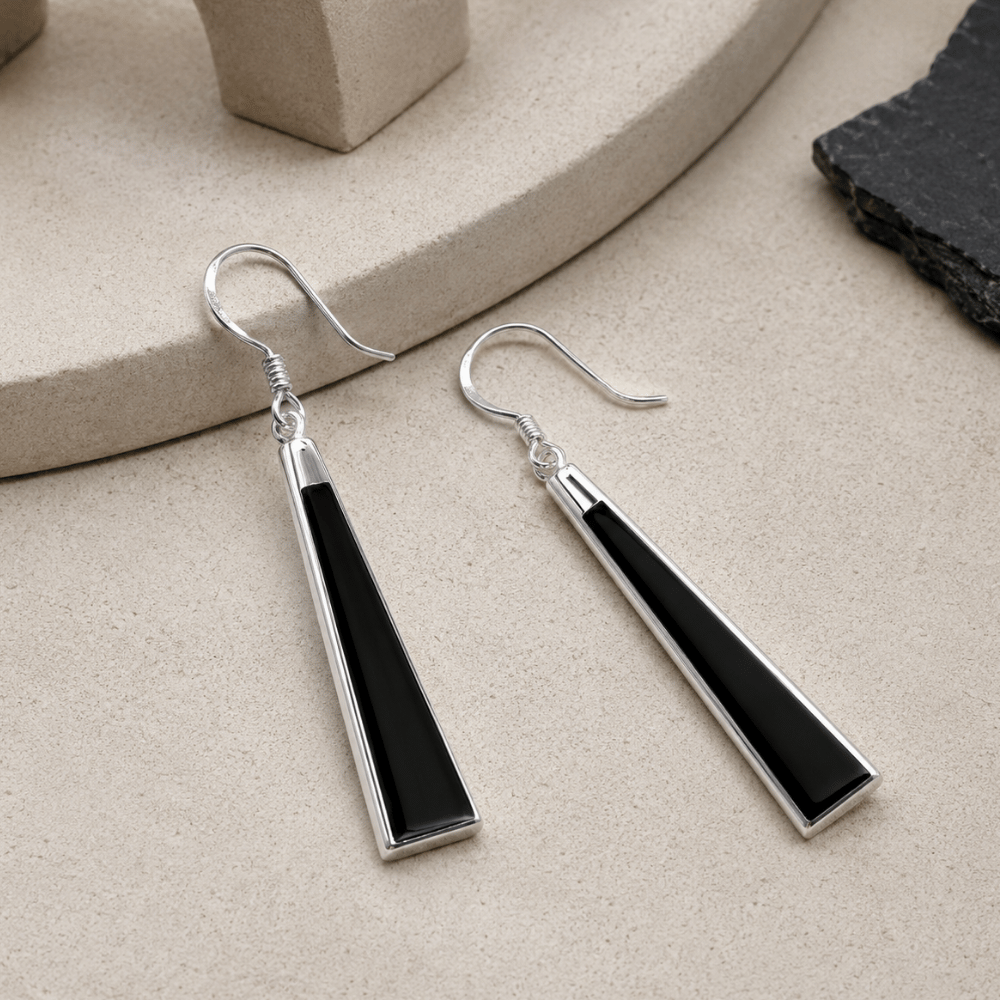 Black Onyx Triangle Earrings