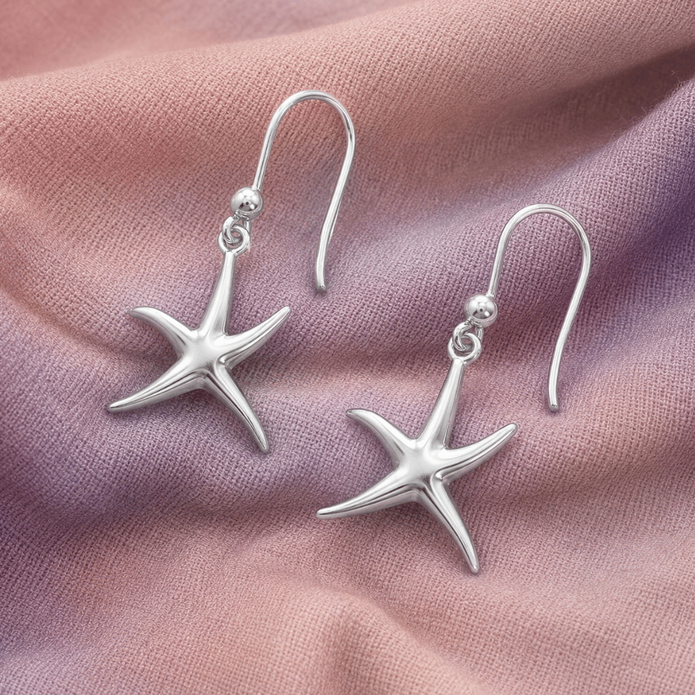 Rhodium Plated Starfish French Wire Earrings