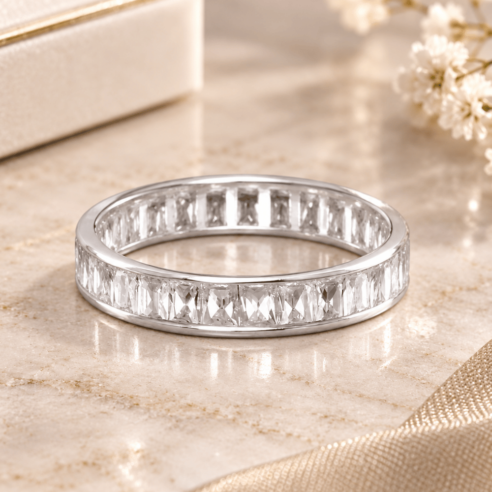 Rhodium Plated 4mm Baguette CZ Eternity Band
