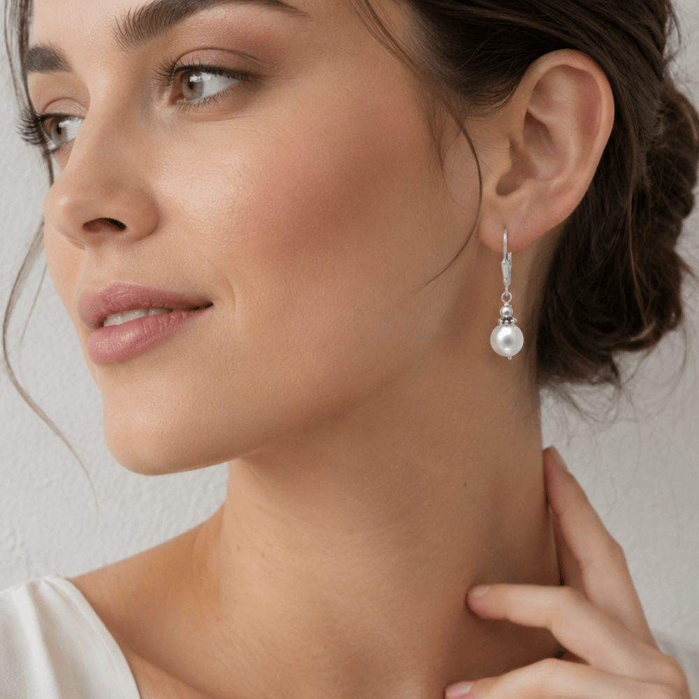 White Cultured Freshwater Pearl with Bali Bead Lever Earrings