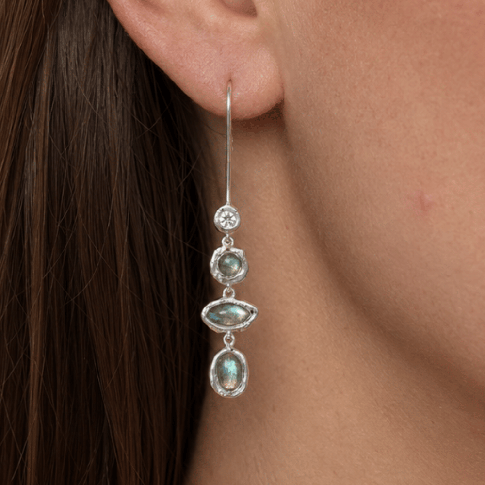 Rhodium Plated Hammered CZ and Labradorite Earrings