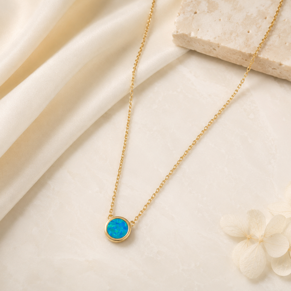 14 Karat Gold Plated Mini Synthetic Blue Opal Necklace