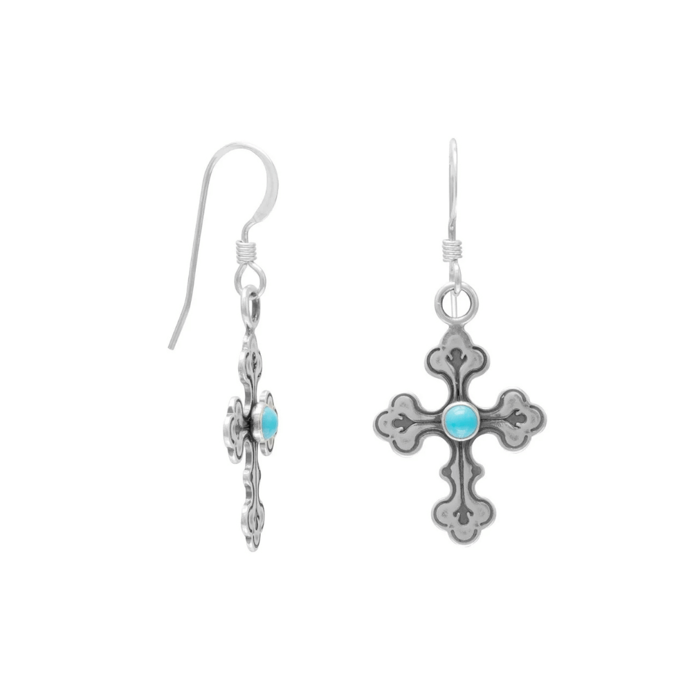 Oxidized Cross Earrings with Turquoise Center