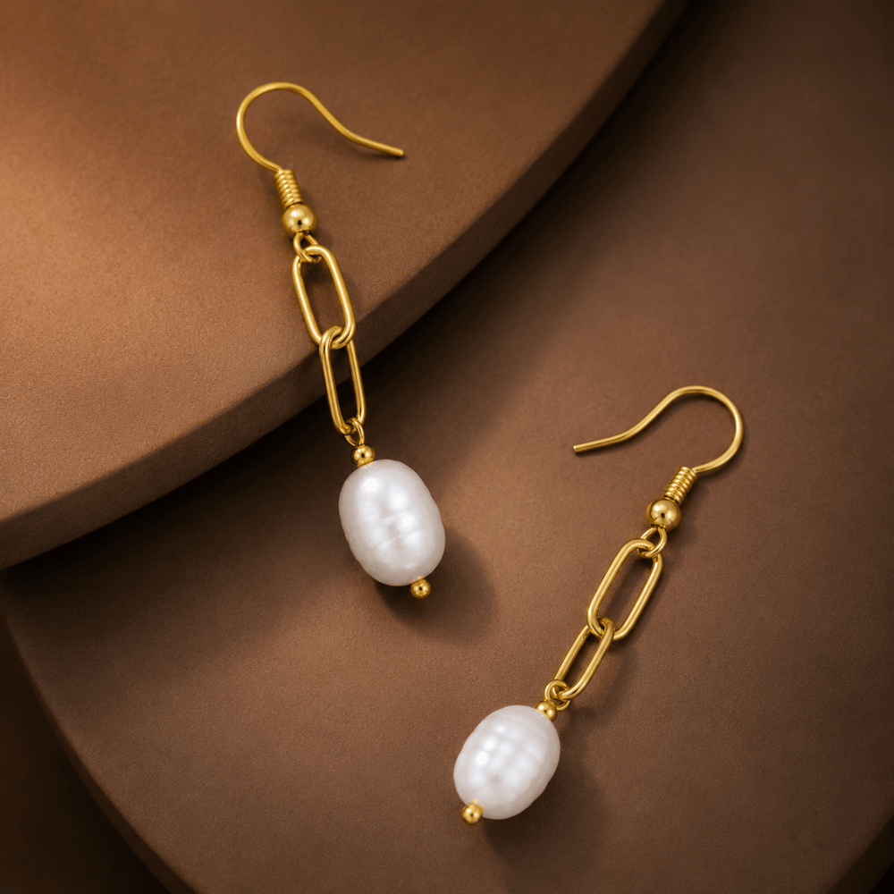 Gold Tone Paperclip and Cultured Freshwater Pearl Drop Fashion Earrings