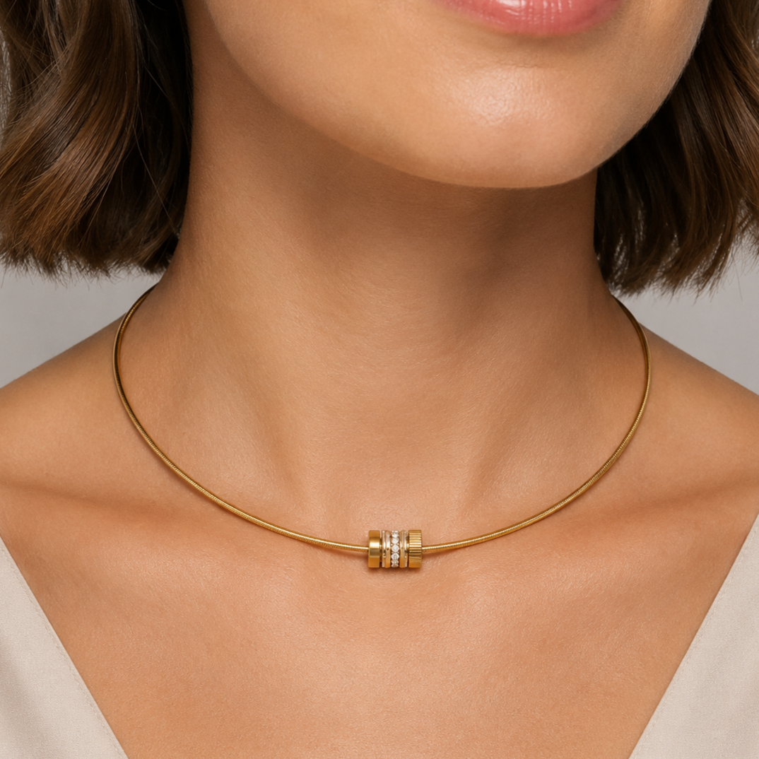 16" + 2" 18 Karat Gold PVD Stainless Steel CZ Wheel Collar Necklace