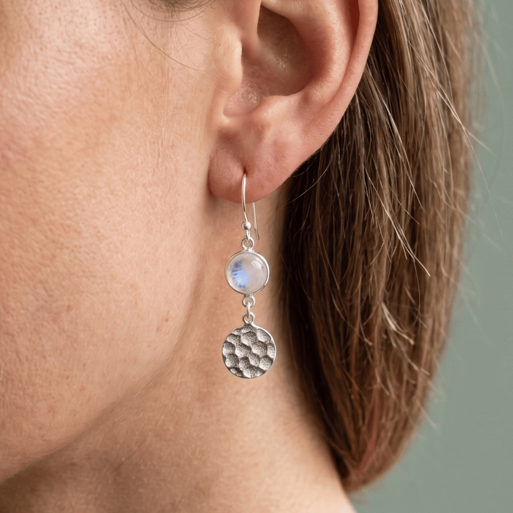 Polished Hammered Disc Rainbow Moonstone French Wire Earrings