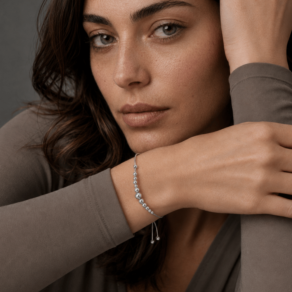 Rhodium Plated Graduated Bead Bolo Bracelet - view 4