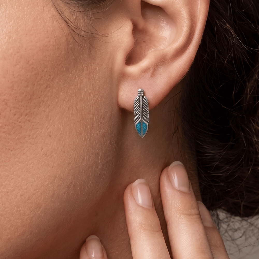 Oxidized Turquoise Chip Inlay Feather Stud Earrings
