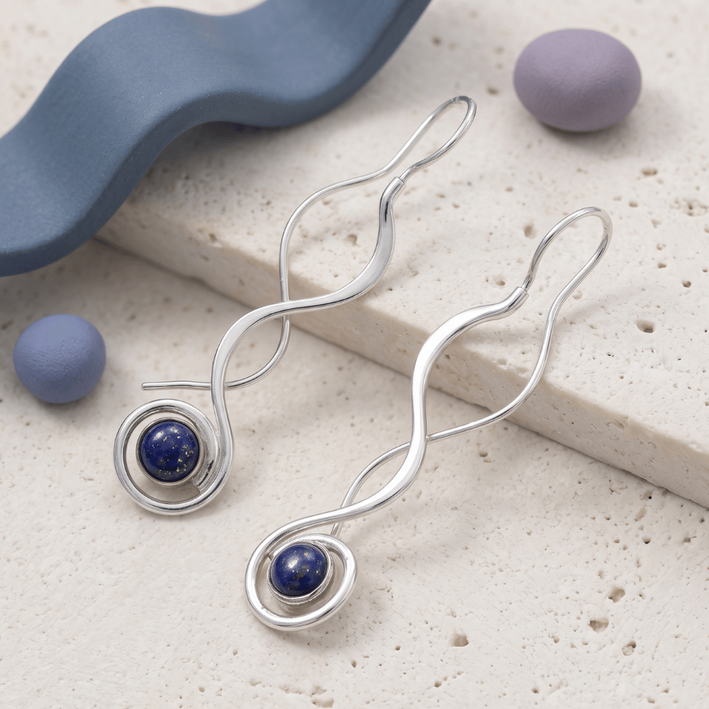 Polished Long Wavy Threader Earrings with Lapis