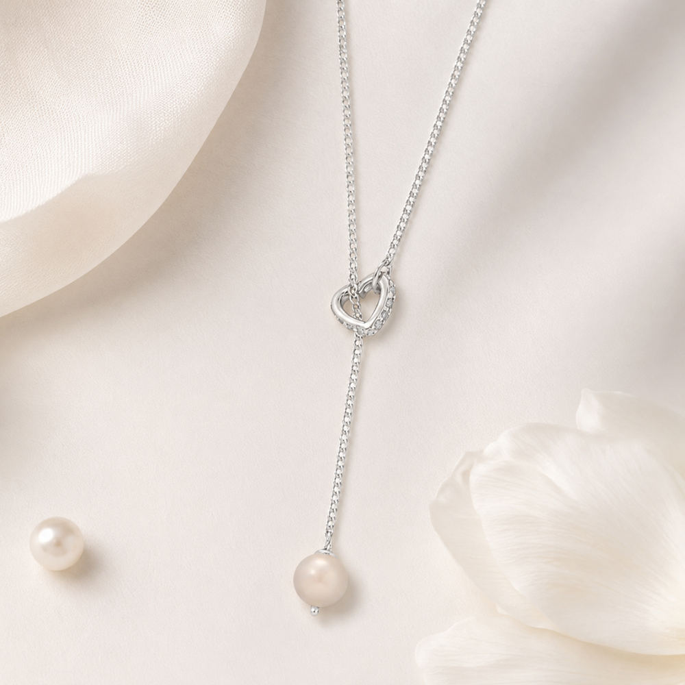 16" + 2" Cultured Freshwater Pearl and CZ Heart Lariat Necklace