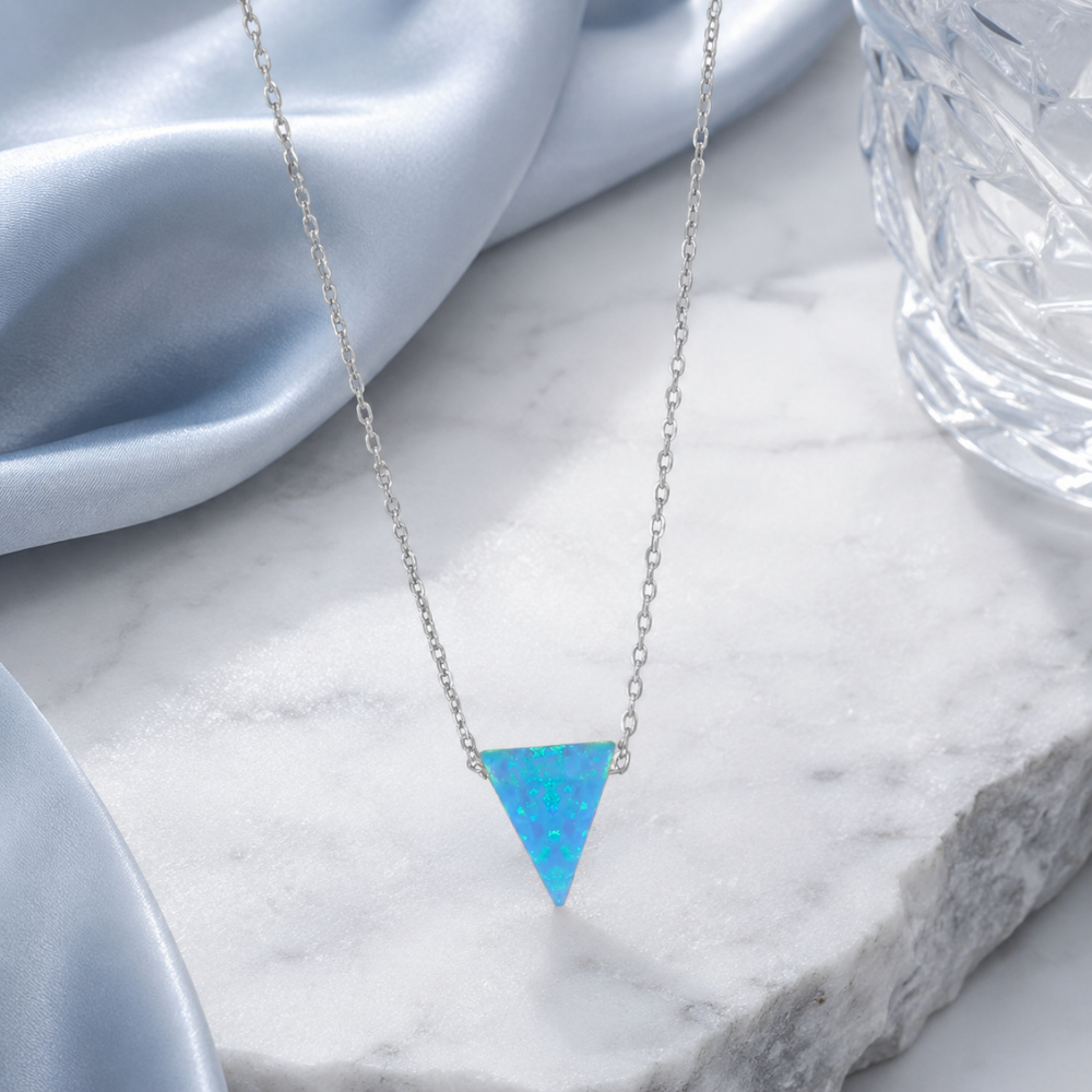 16" + 2" Rhodium Plated Synthetic Opal Triangle Necklace