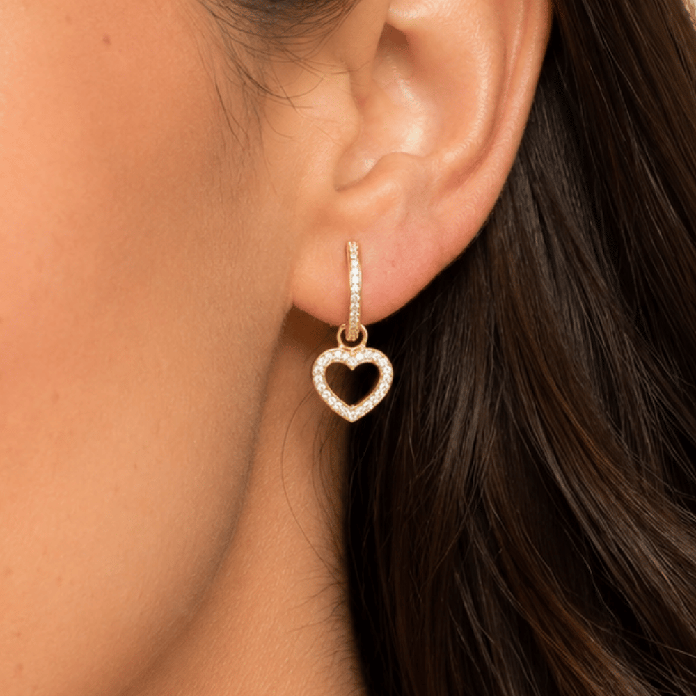 CZ Heart Charm Hoop Earrings