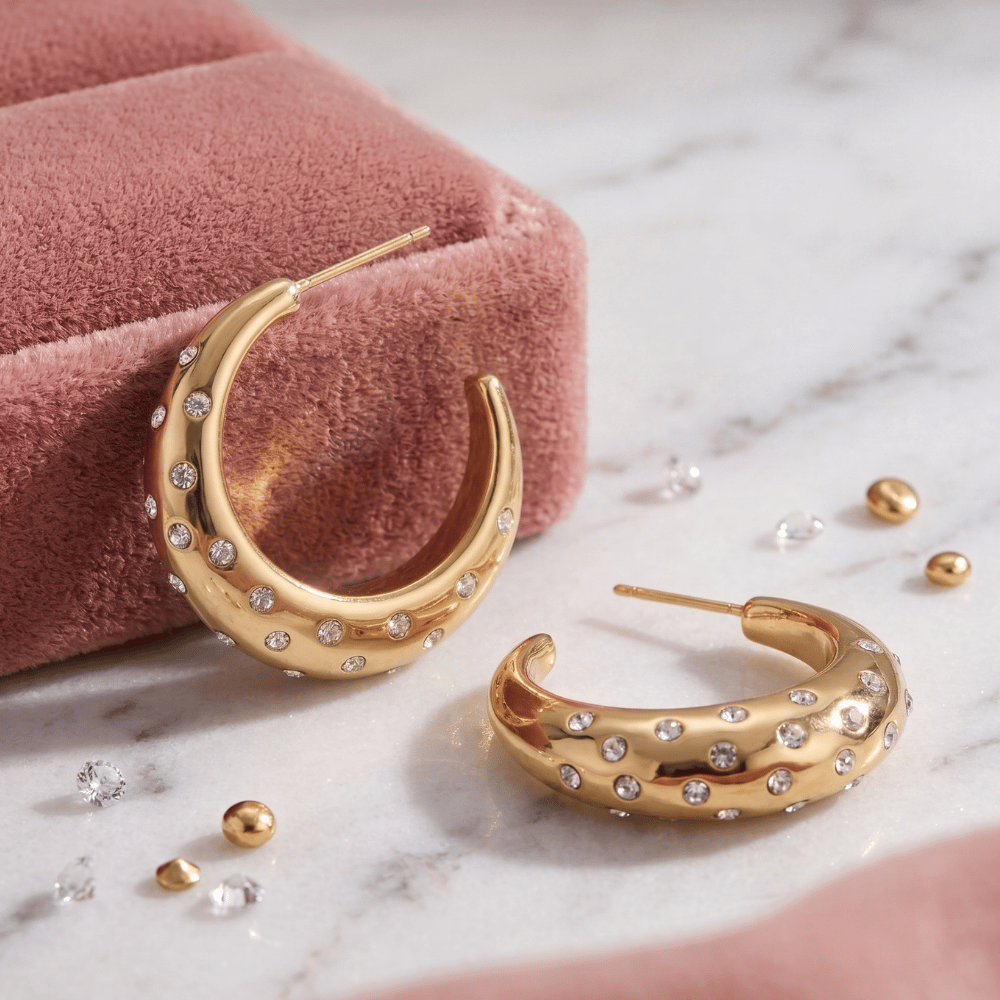 Gold Tone Crystal 3/4 Puffy Fashion Hoop Earrings