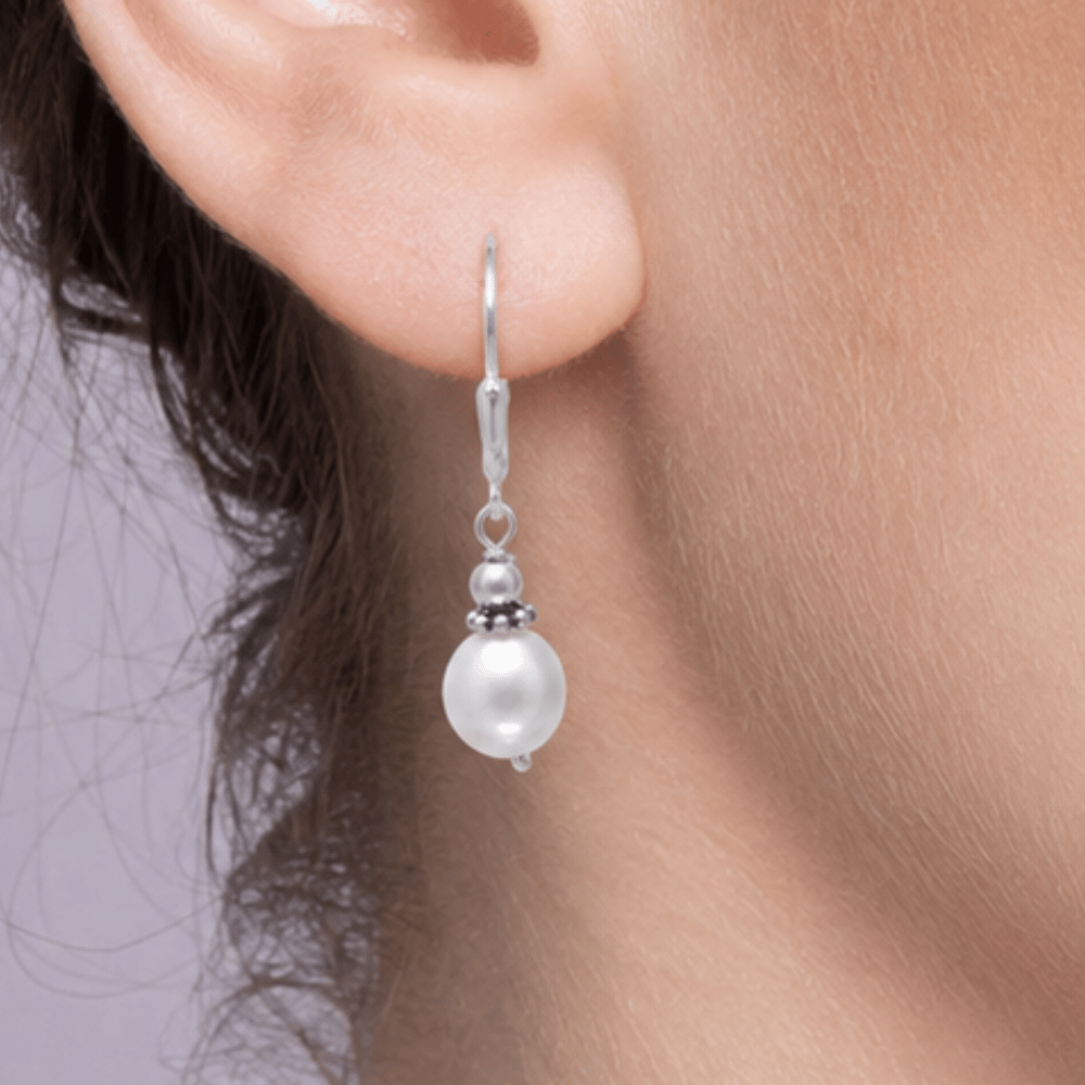White Cultured Freshwater Pearl with Bali Bead Lever Earrings