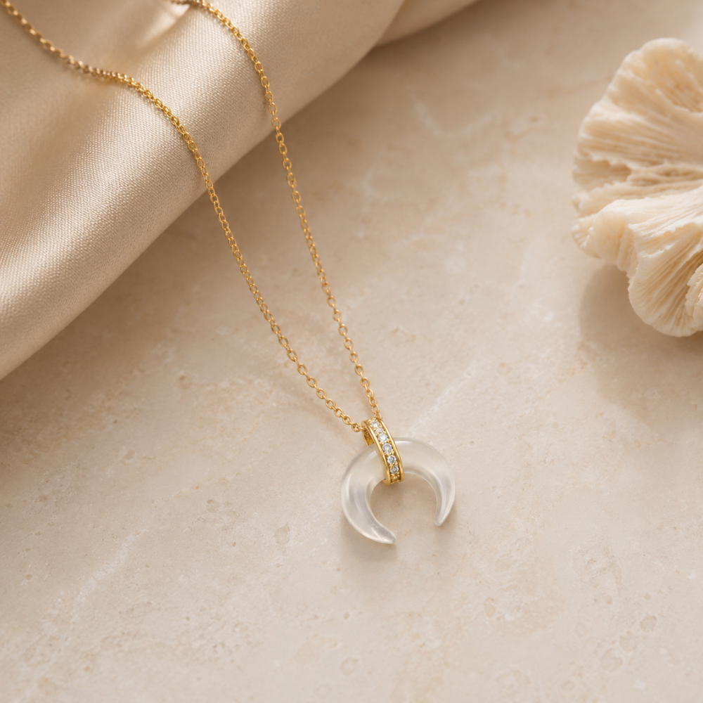 Mother of Pearl and CZ Crescent Gold Plated Necklace