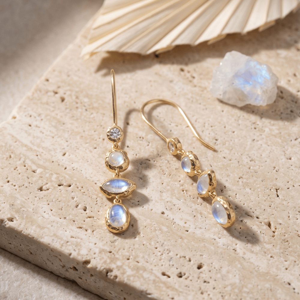 14 Karat Gold Plated Hammered CZ and Rainbow Moonstone Earrings