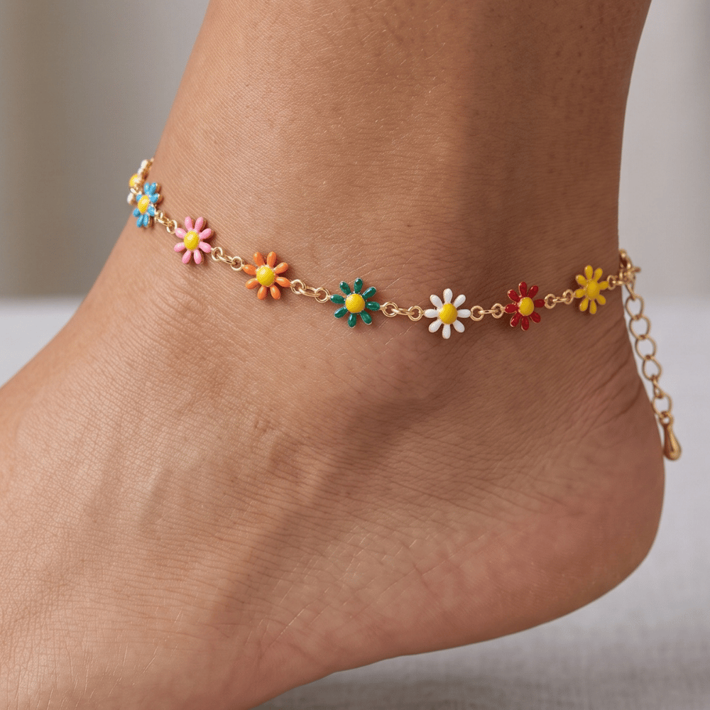 9" + 2" Multicolor Enamel Flower Fashion Anklet