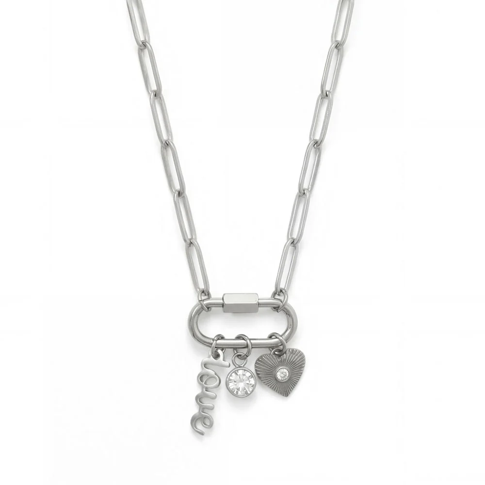 18" + 2" Stainless Steel Carabiner Love Charm Necklace