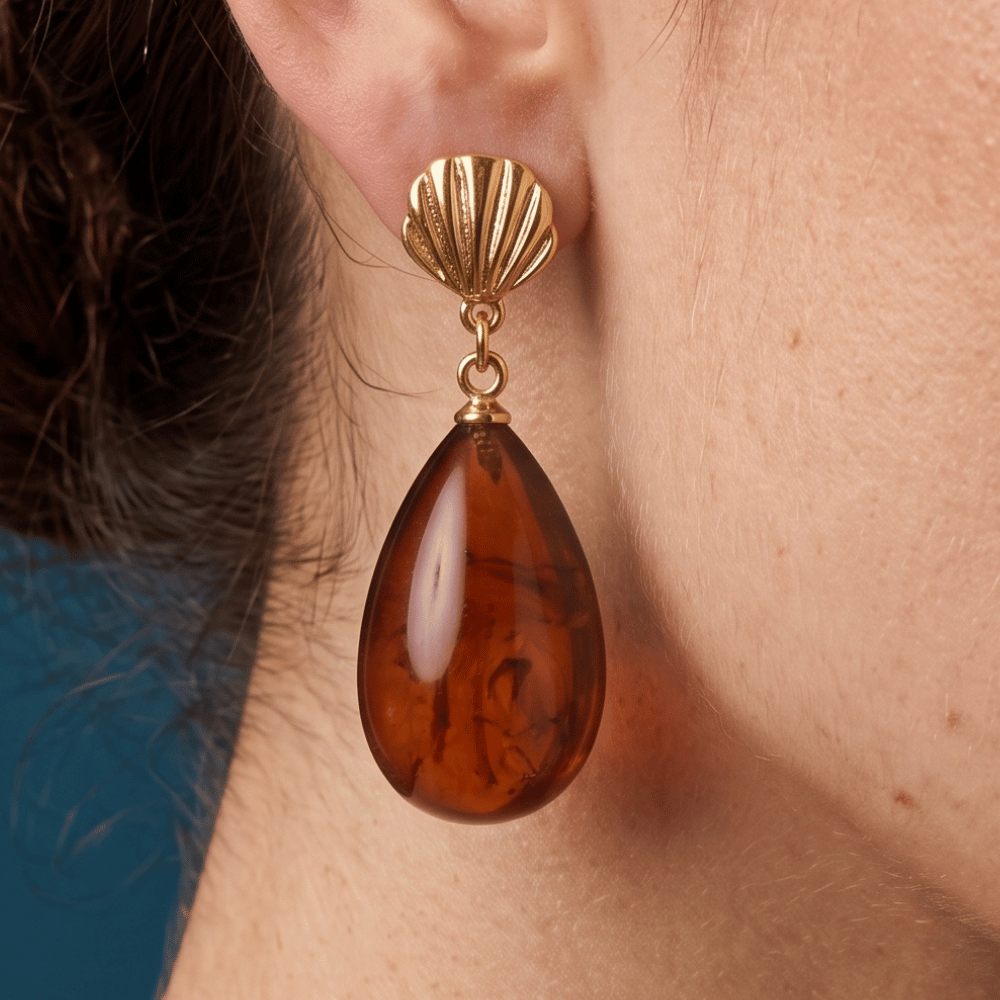 Gold Tone Shell and Marbled Acrylic Drop Fashion Earrings