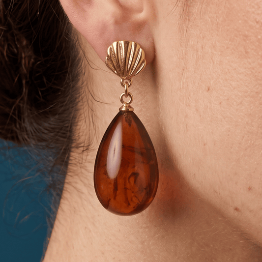 Gold Tone Shell and Marbled Acrylic Drop Fashion Earrings