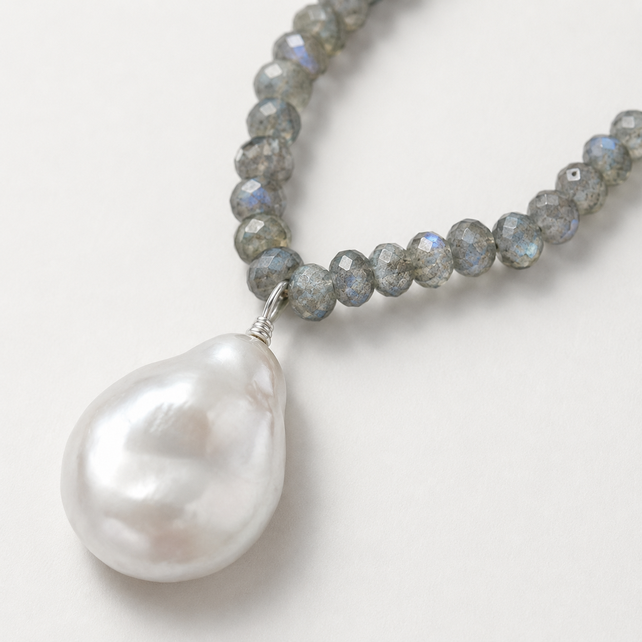 16" + 2" Labradorite and Baroque Pearl Drop Necklace