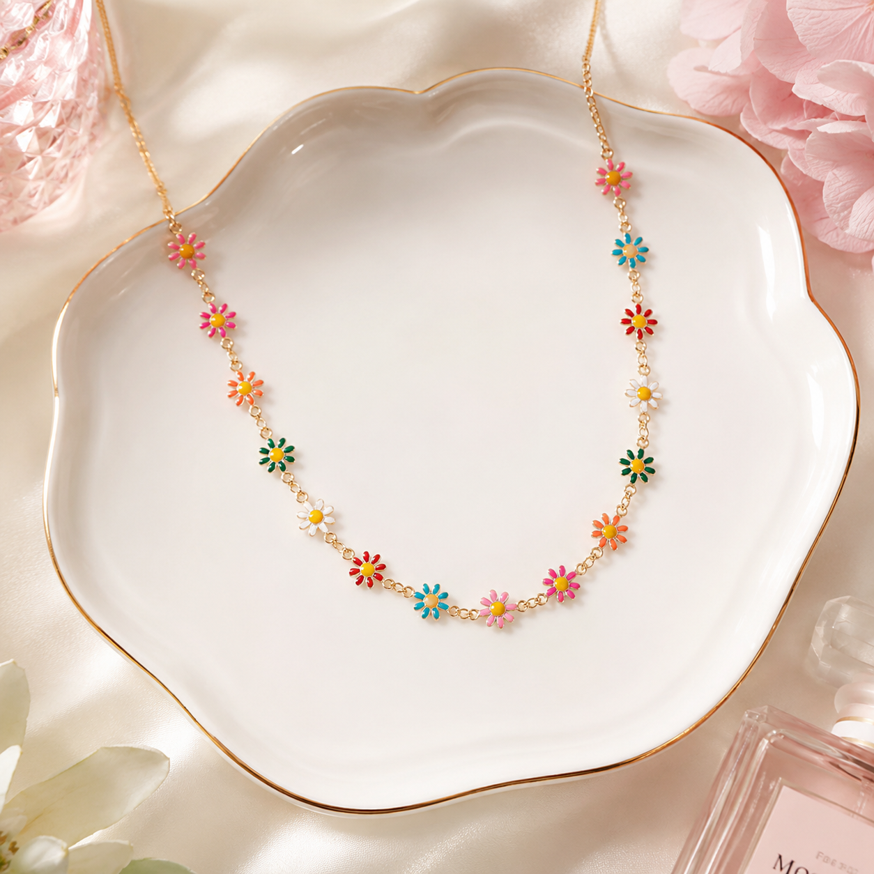 13.5" + 3" Multicolor Enamel Flower Necklace