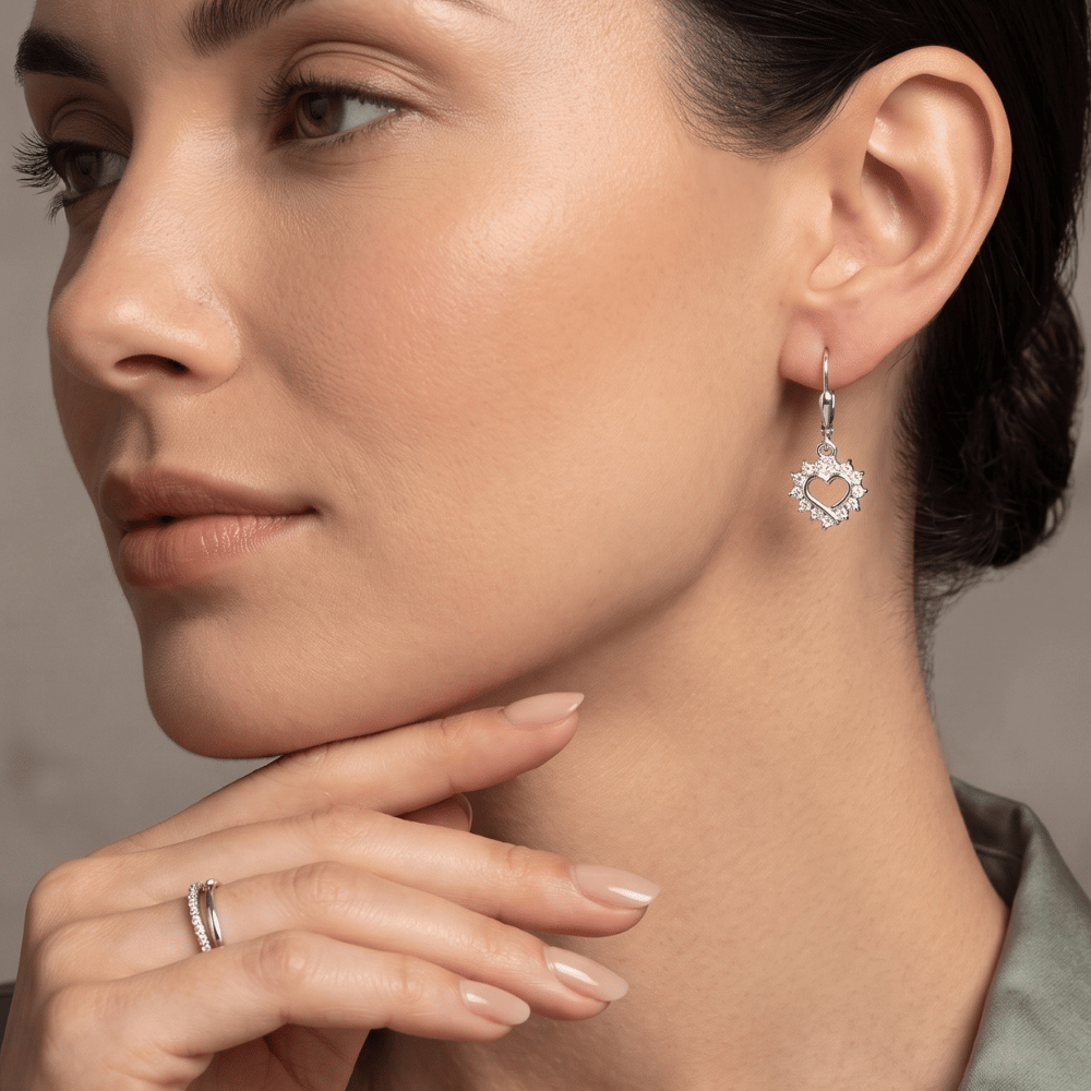 Rhodium Plated Cutout CZ Heart Lever Earrings