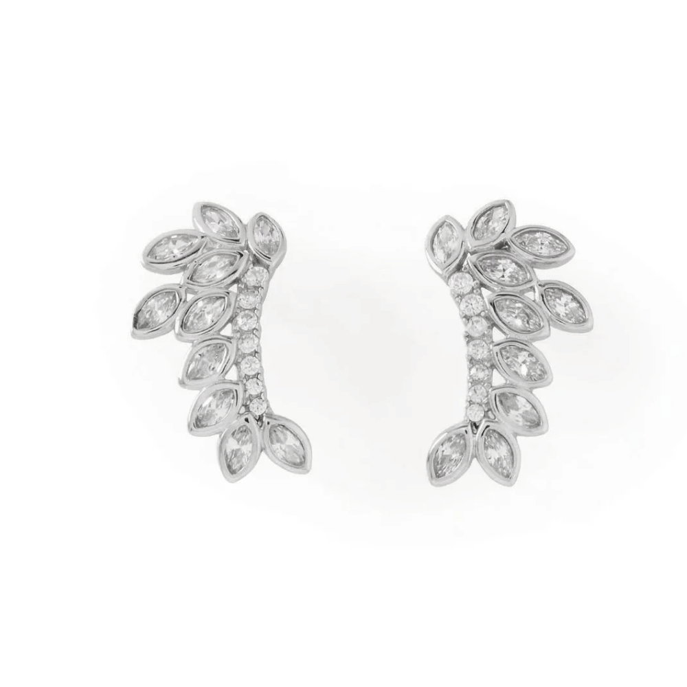 Rhodium Plated CZ Leaf Drop Earrings