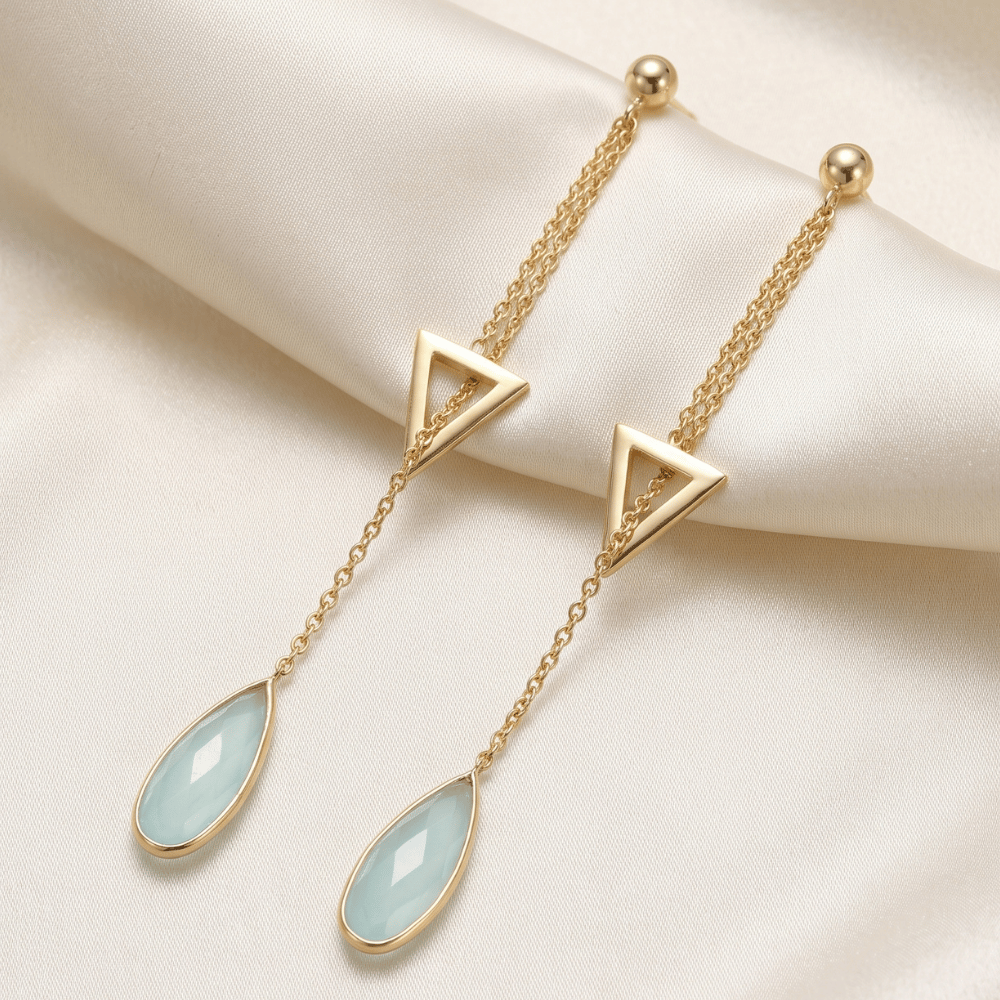 14 Karat Gold Plated Lariat Style Earrings with Chalcedony Drop
