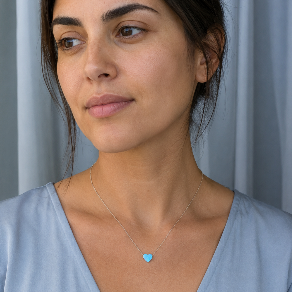 16" + 2" Rhodium Plated Synthetic Opal Heart Necklace