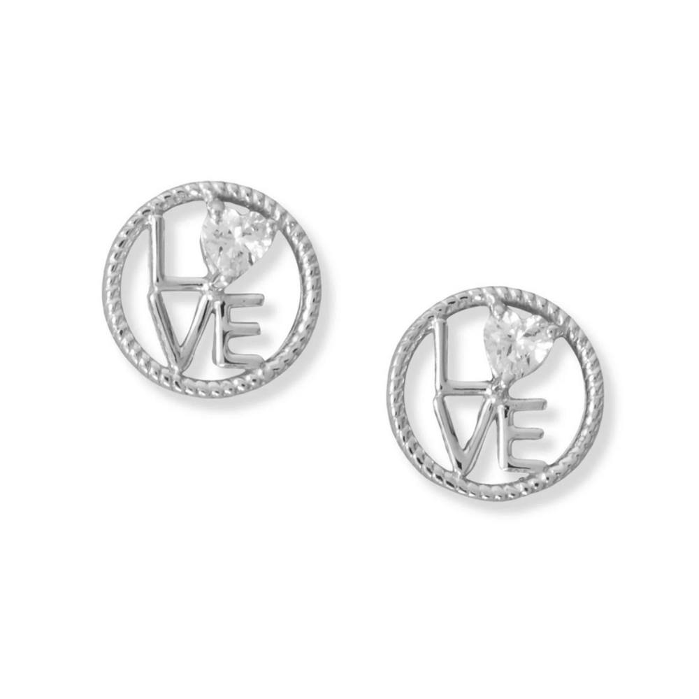 Round "LOVE" CZ Heart Stud Earrings