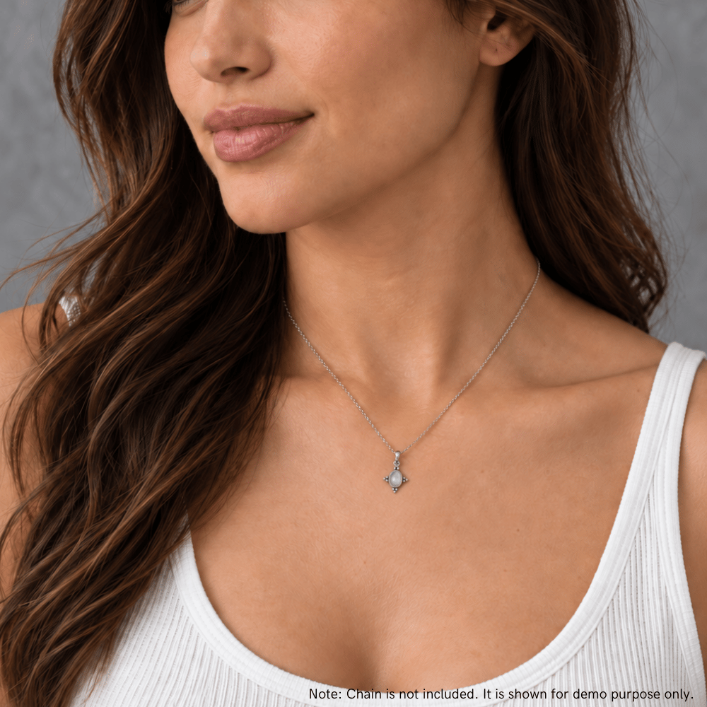 Oxidized Oval Rainbow Moonstone Pendant with Beaded Accents