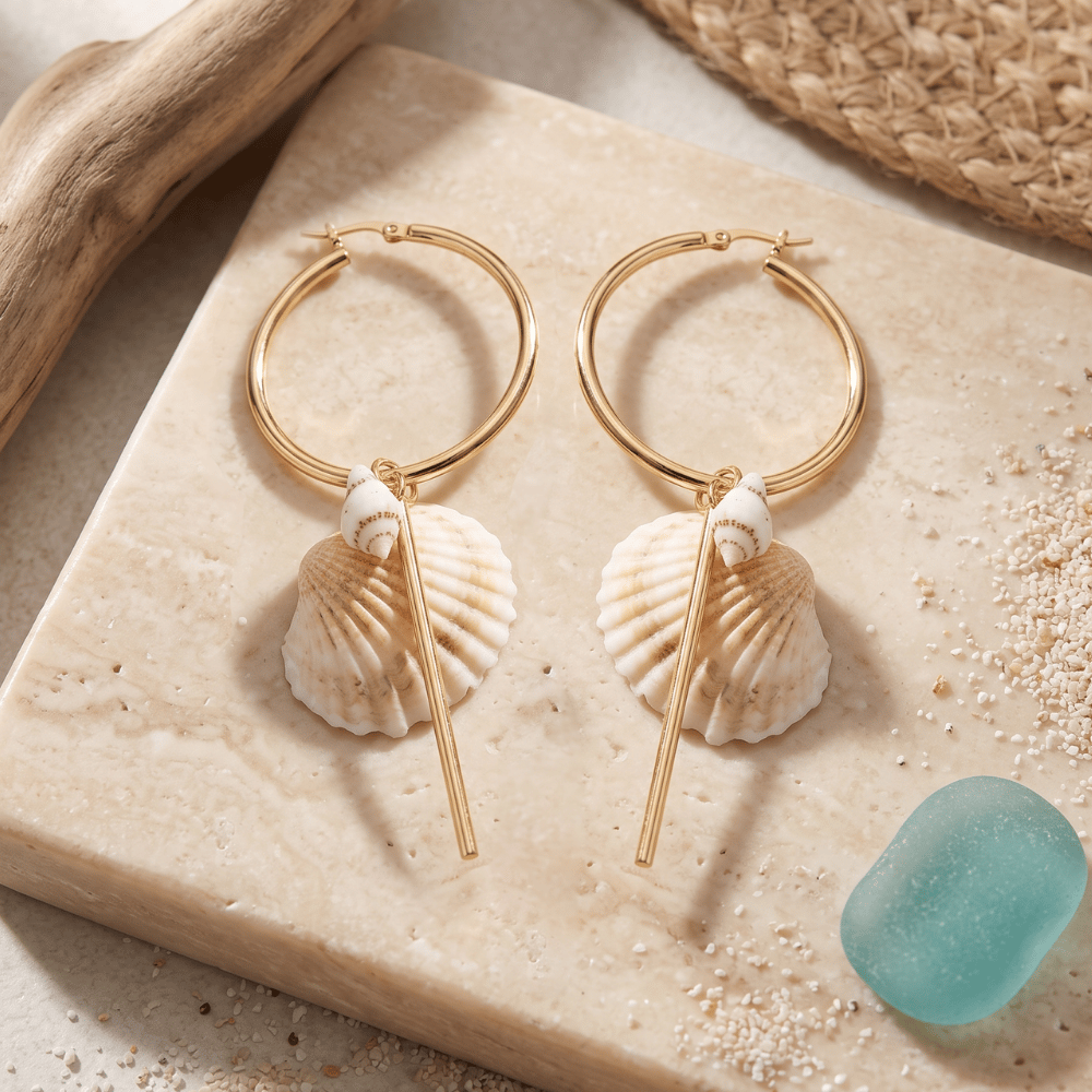 Gold Tone Seashell Drop Fashion Hoop Earrings