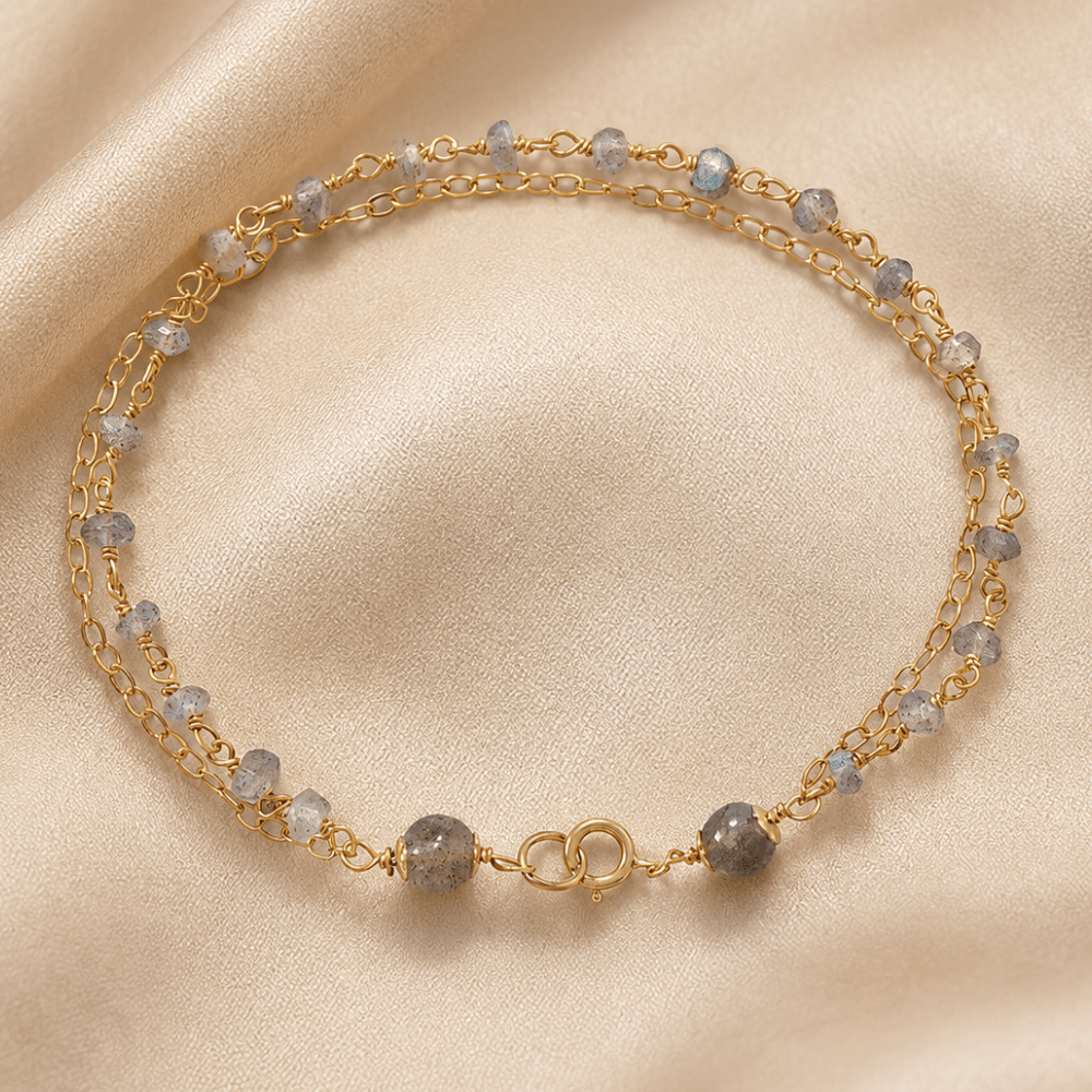 Double Strand 14 Karat Gold Plated Labradorite Beaded Bracelet