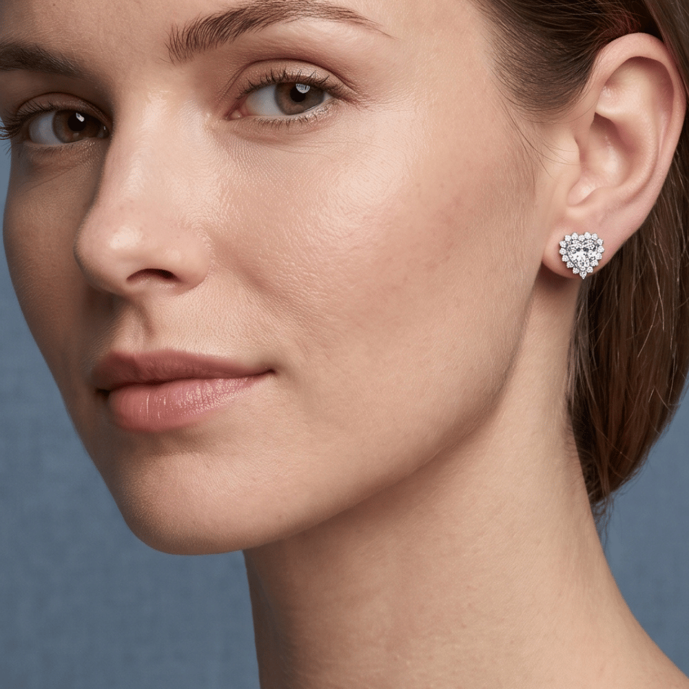 Rhodium Plated CZ Heart Halo Stud Earrings