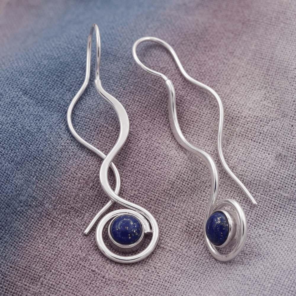 Polished Long Wavy Threader Earrings with Lapis