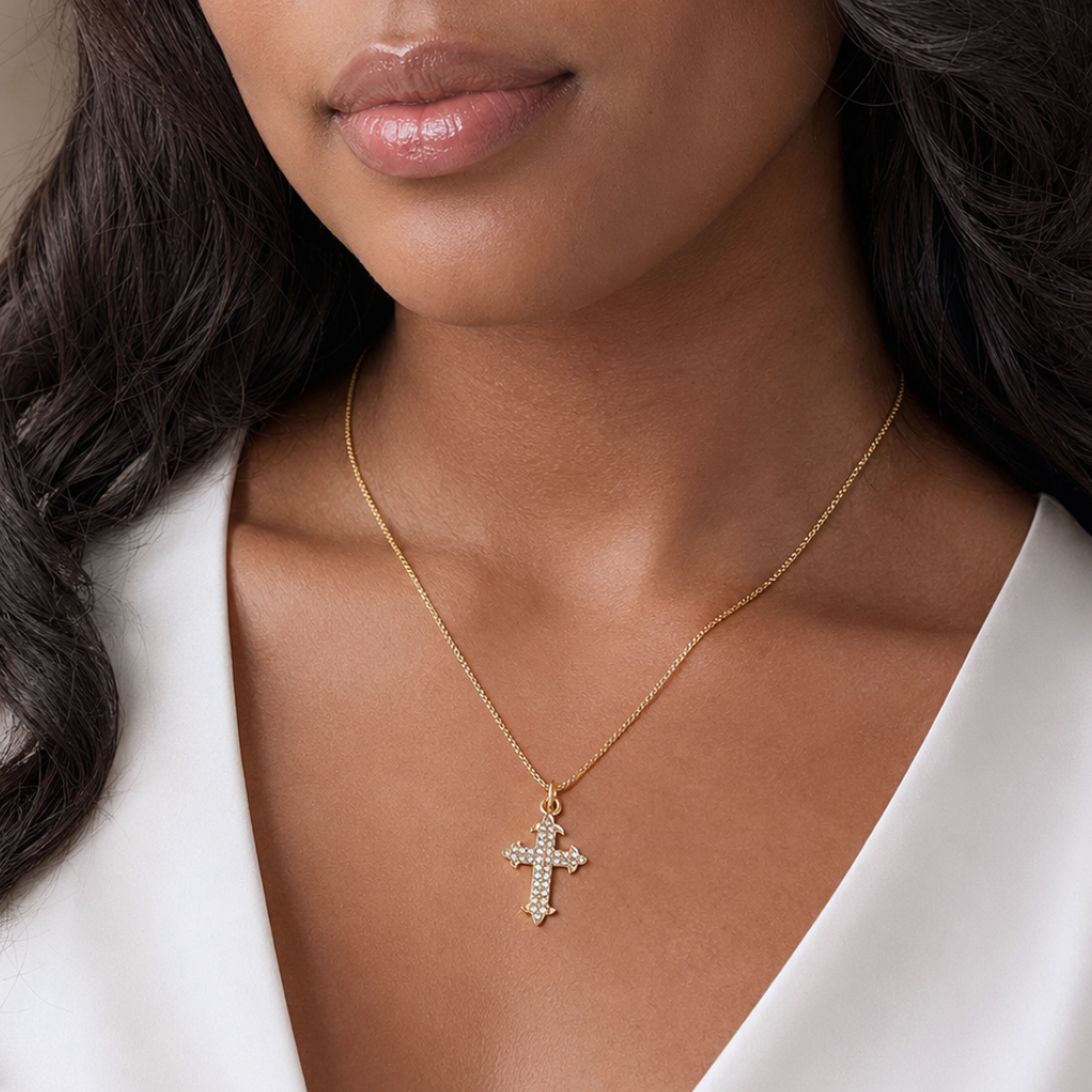 18" 14 Karat Gold Plated Diamond Studded Ornate Cross Necklace