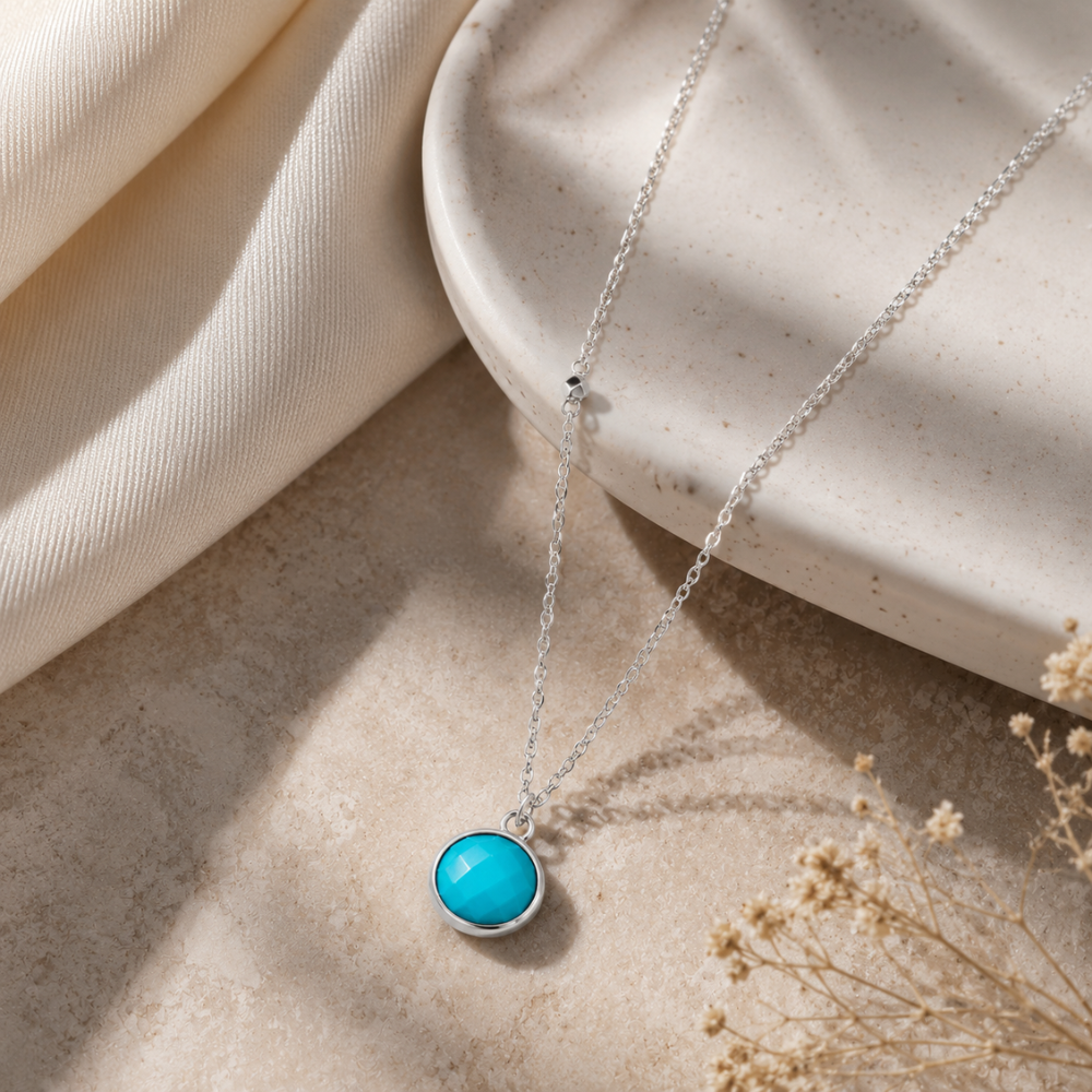 16" + 2" Rhodium Plated Faceted Turquoise Necklace